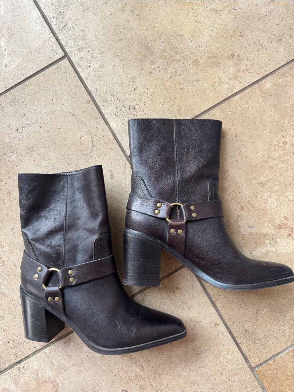 Dark Brown Leather Block Heel Boots